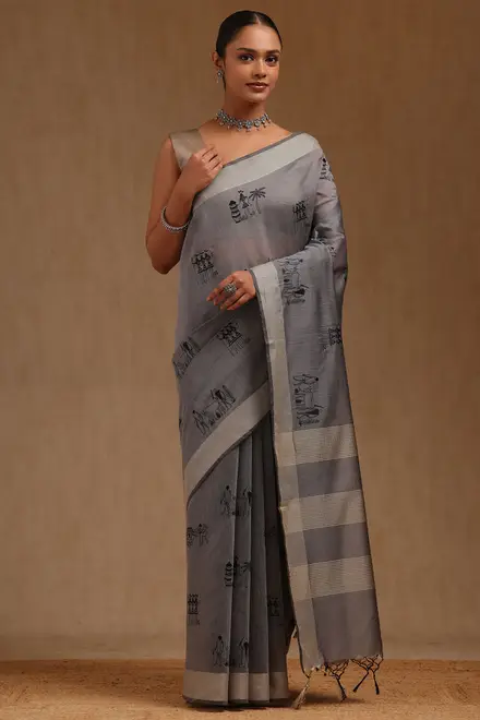 Grey Chanderi Warli Embroidered Saree With Thread Work